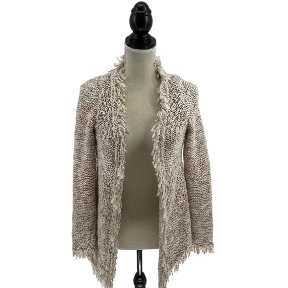Zara Knit Cream and Burgundy Open Front Fringe Cardigan Sweater - Picture 1 of 15